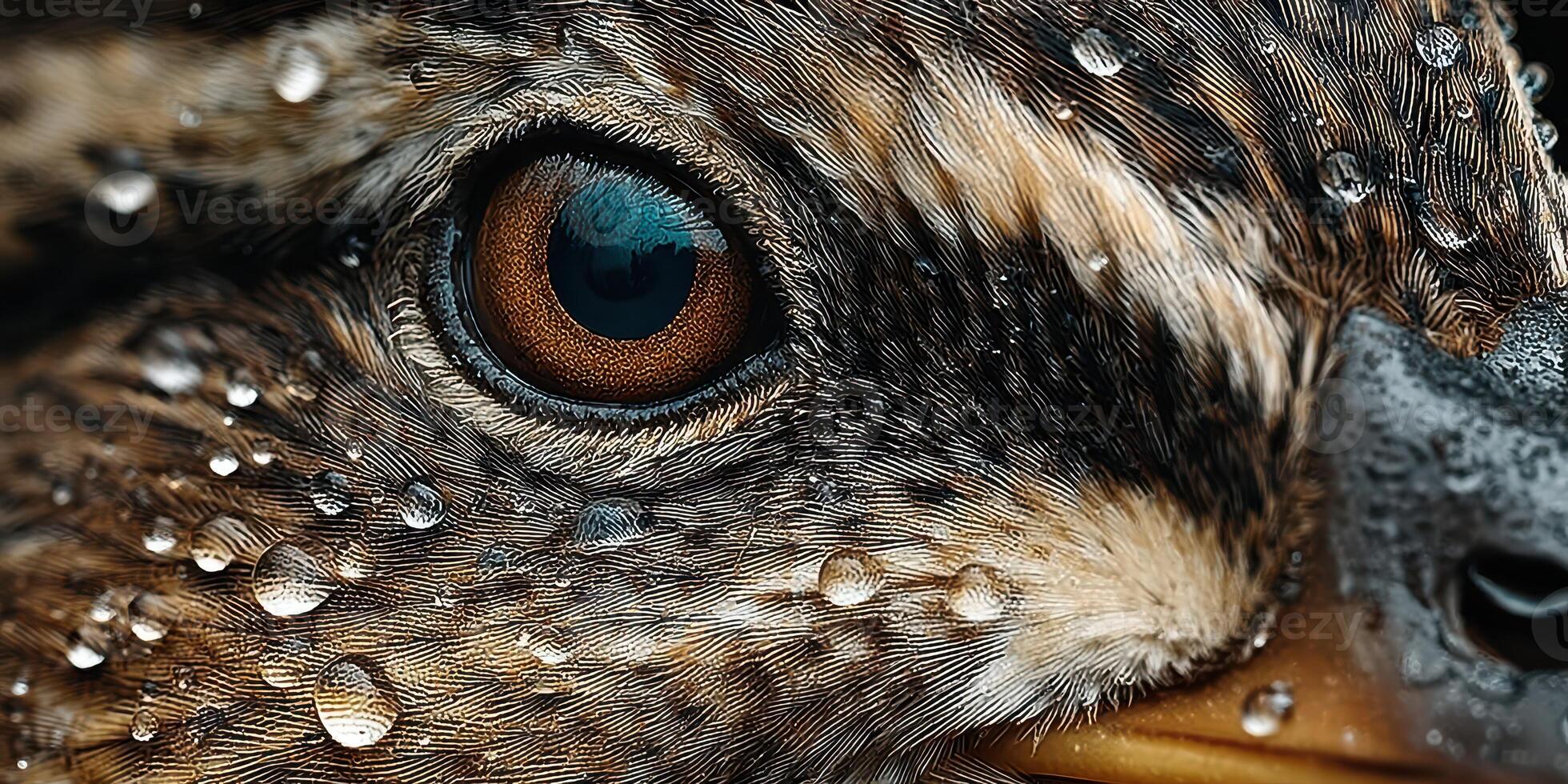 Close-up view of a bird's eye with water droplets highlighting its intricate details in a natural setting photo