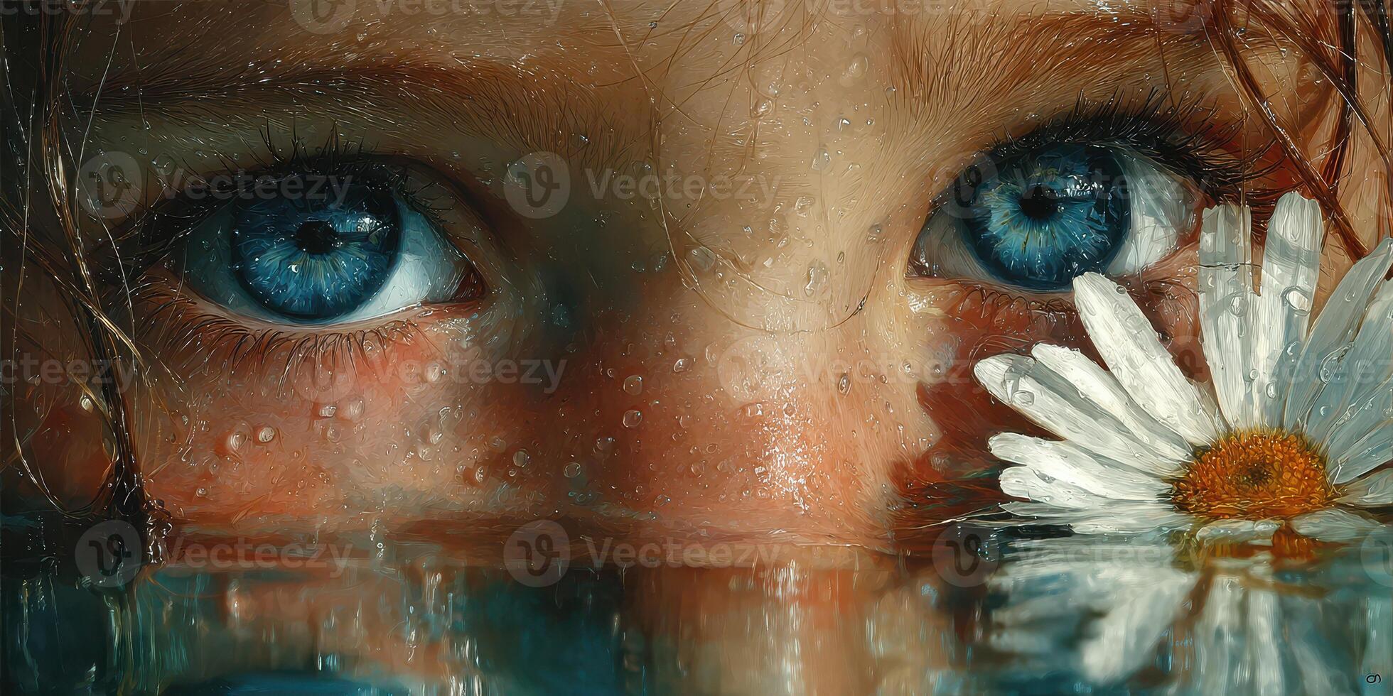 Close-up of a girl with striking blue eyes peering through water, adorned with soft flower petals at sunset near a tranquil lake photo