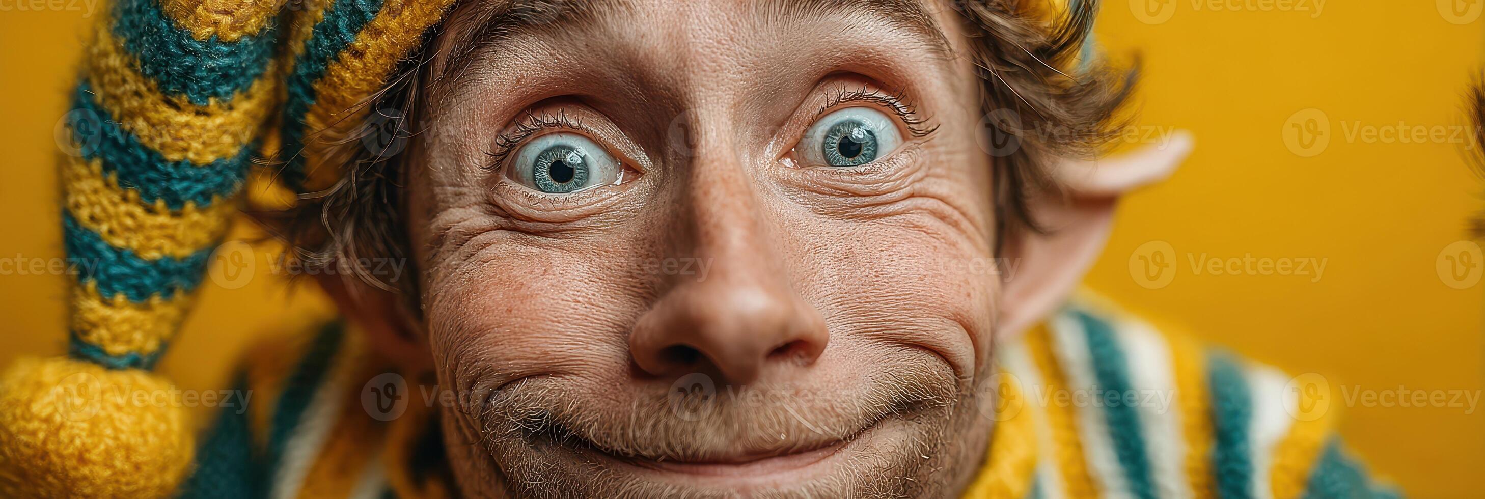 Joyful elf with bright blue eyes smiles playfully against a bright yellow backdrop during a festive celebration photo