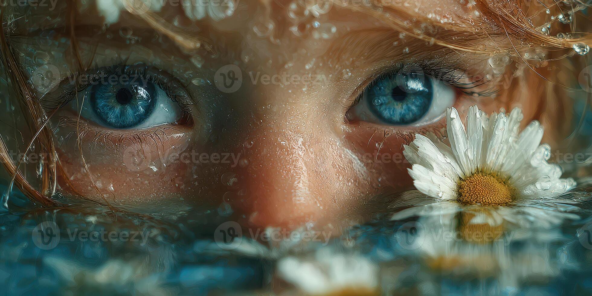 Glimpse of a child's blue eyes among daisies in a serene water setting, capturing innocence and nature's beauty photo