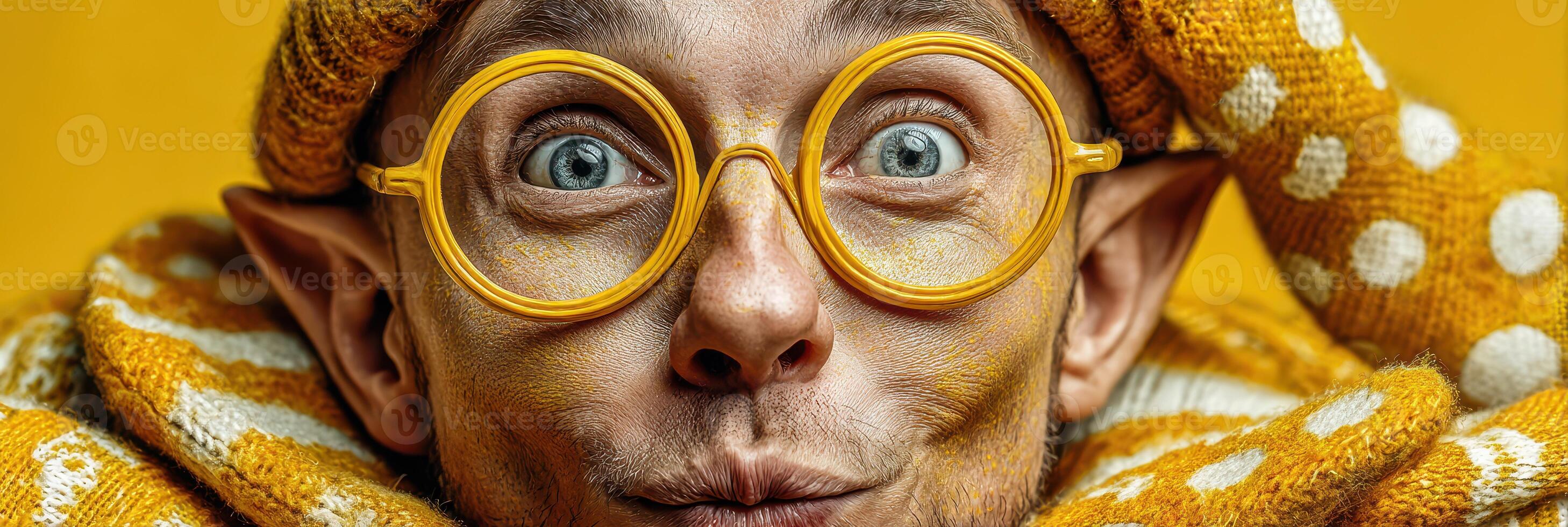 Person with unique features and bright outfit expresses surprise against a vibrant yellow background during daytime photo