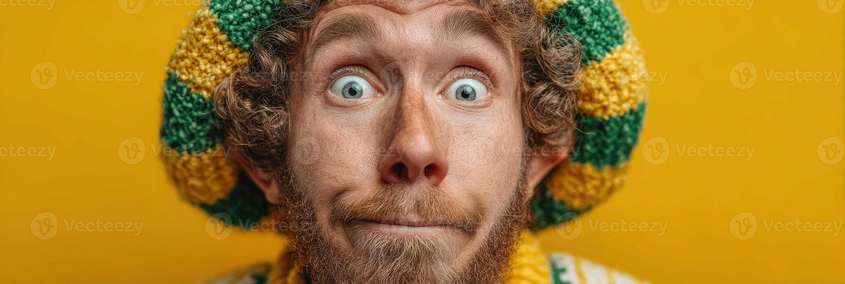 Rasta man in colorful beanie making a funny face against a vibrant yellow background photo