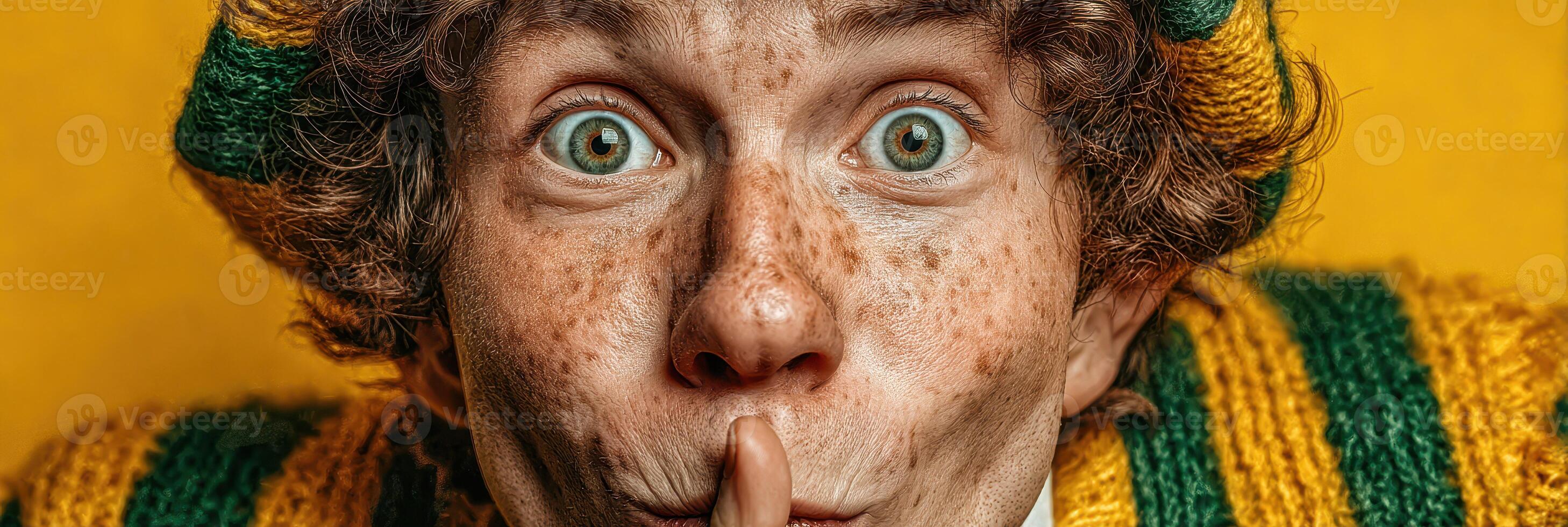 Young person with freckled face and green eyes wearing colorful sweater expresses surprise in vibrant setting while signaling silence photo