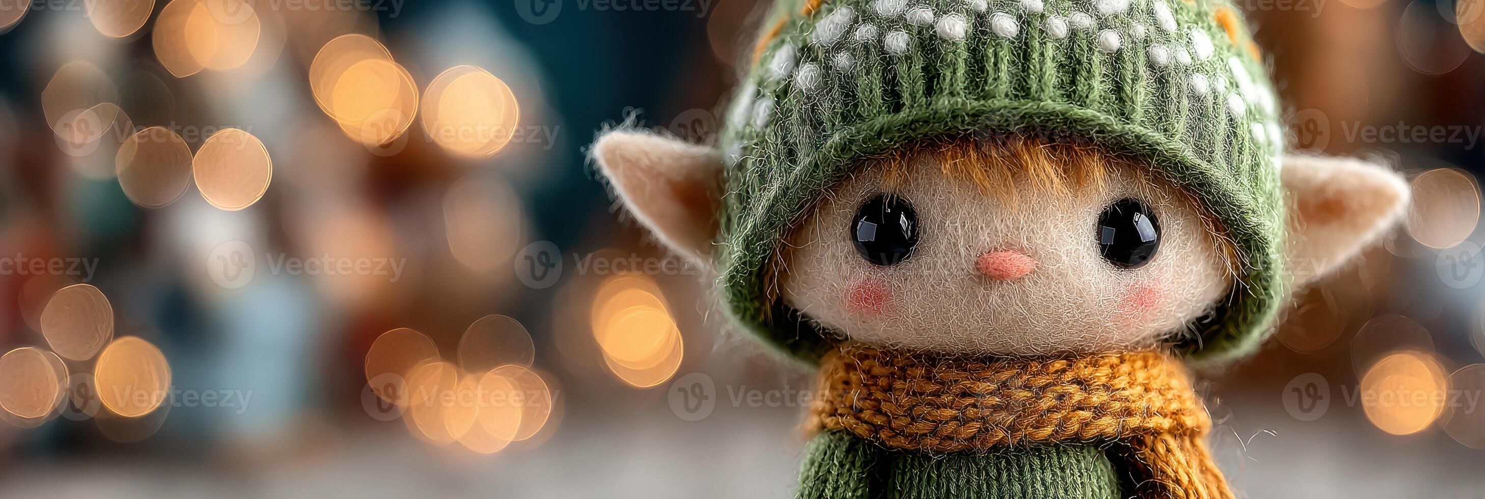 Playful elf doll decorated for the holiday season with sparkling lights in the background photo