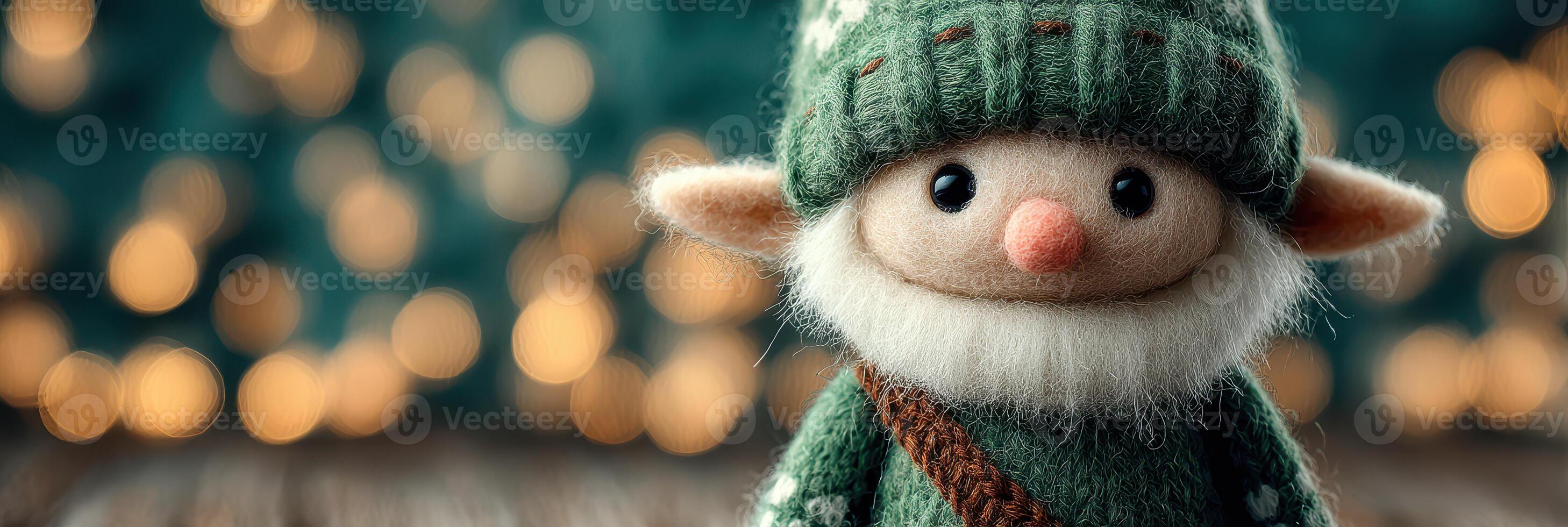 Cute felt elf doll surrounded by soft bokeh lights in a cozy setting during the holiday season photo