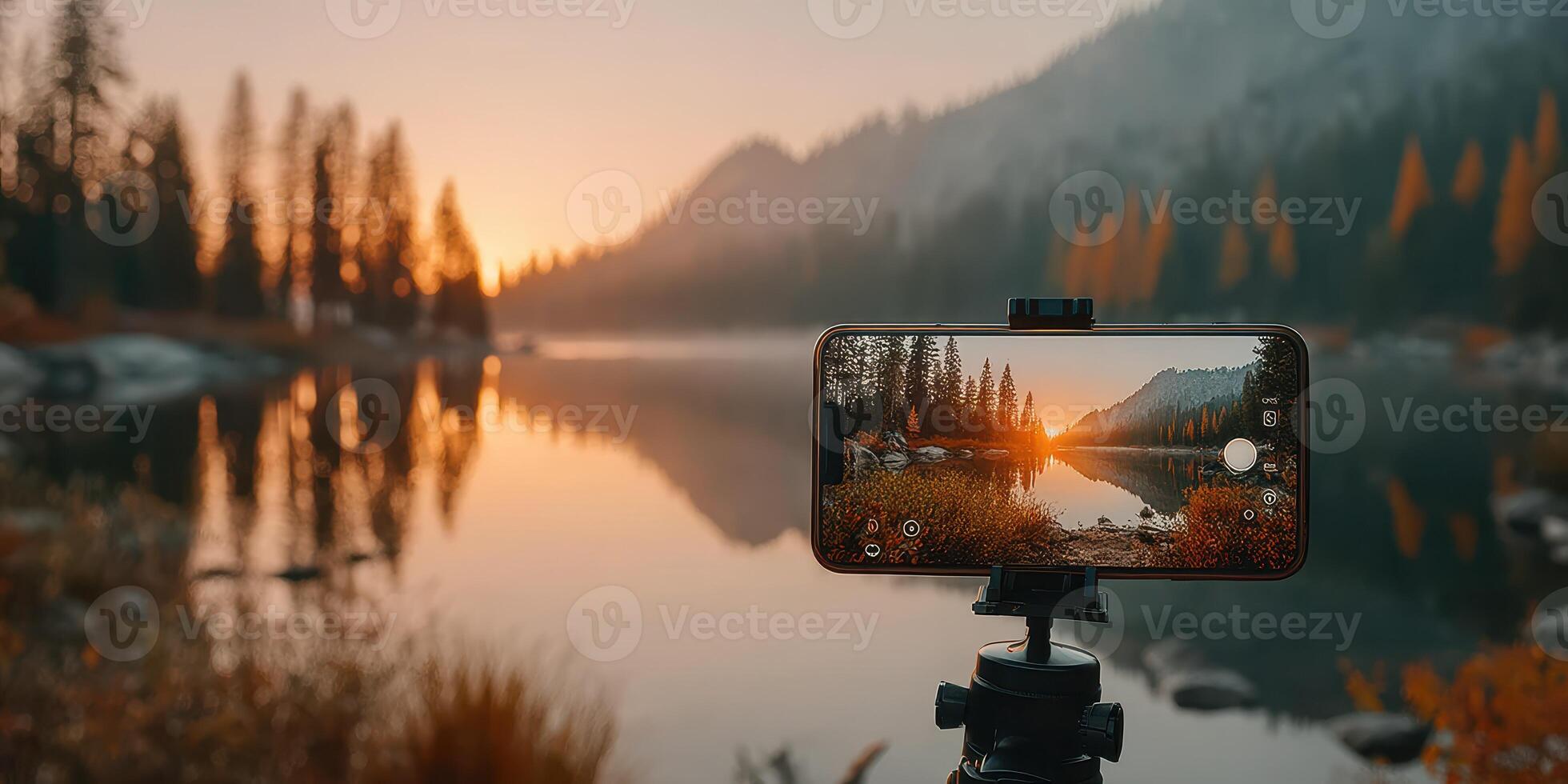 Capturing sunset reflections at a tranquil lake surrounded by mountains in autumn photo