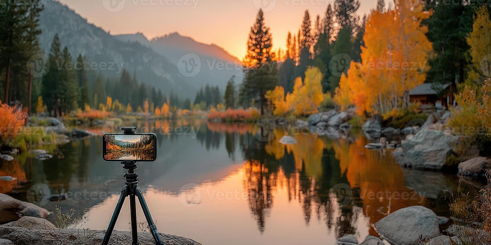 Beautiful autumn landscape with vibrant trees and a smartphone capturing the sunset by the tranquil water photo