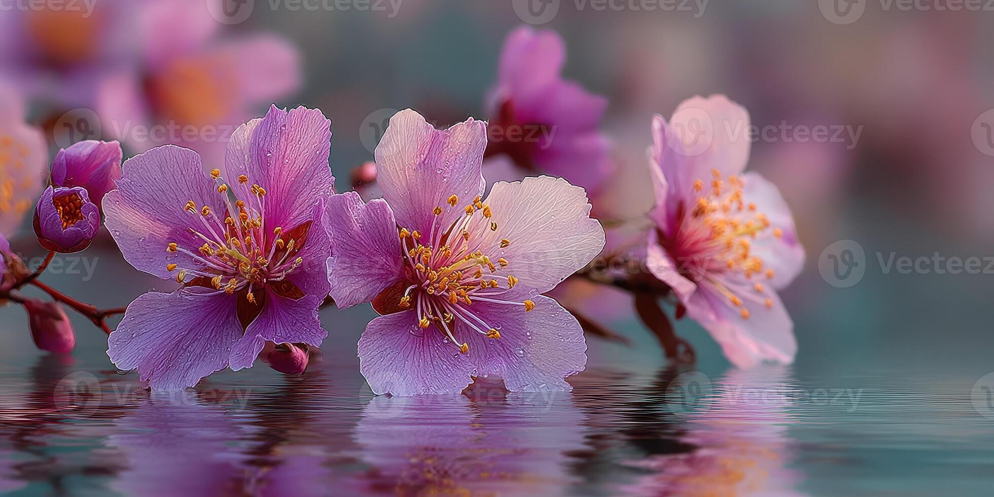 Purple blossoms reflecting on calm water during springtime in a peaceful garden setting photo