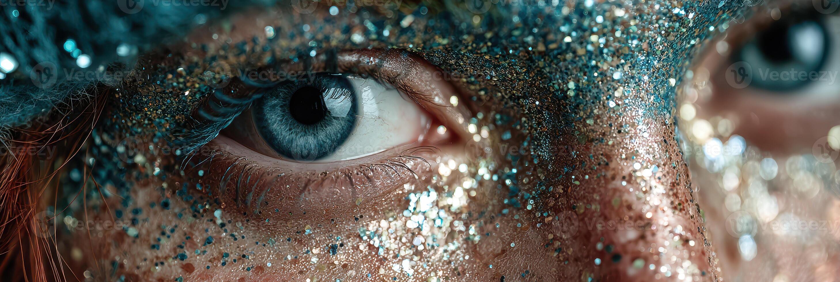Bright blue eyes with sparkling glitter and creative makeup reveal a vibrant artistic expression during a festive celebration photo