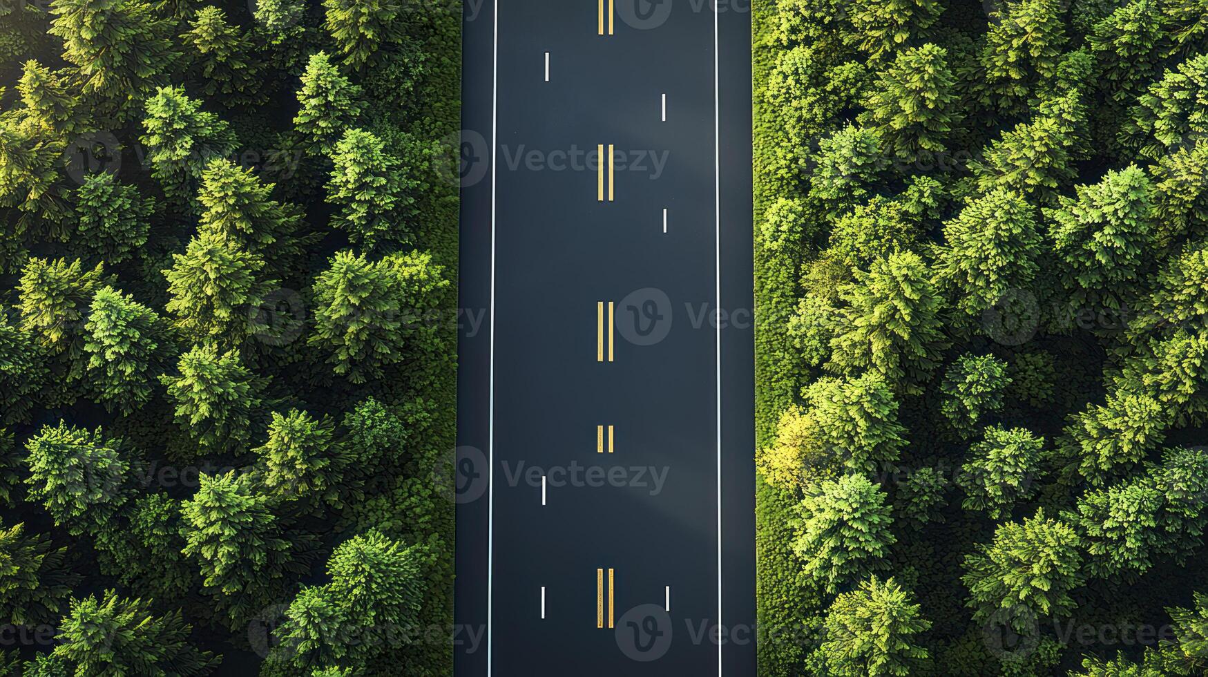 An aerial view of a road through a forest photo