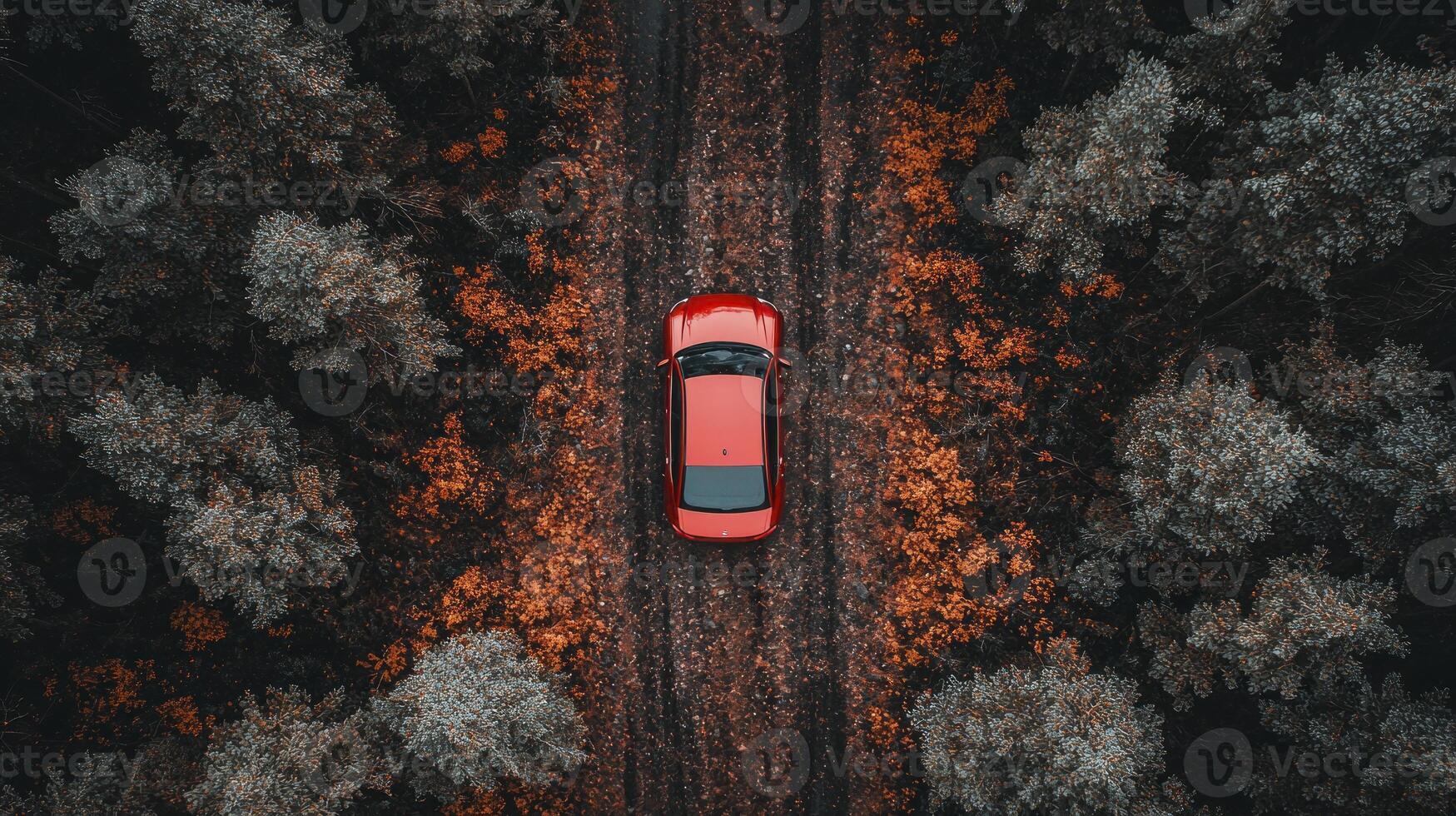 An aerial view of a red car driving through a forest photo