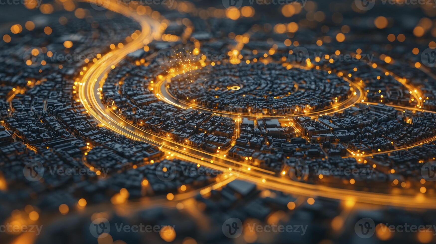 An aerial view of a city at night photo