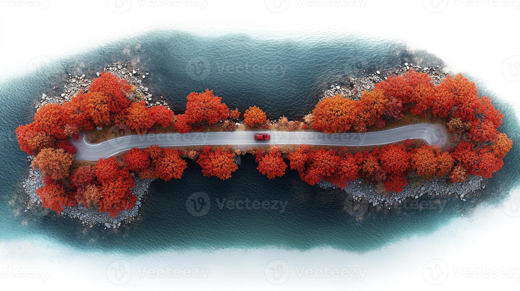 An aerial view of a road on an island surrounded by trees photo