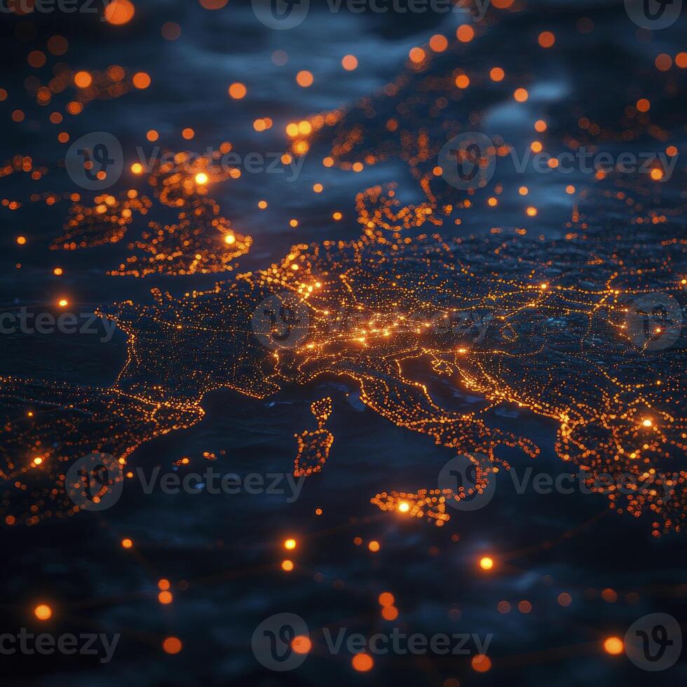European network map with lights and network lines photo