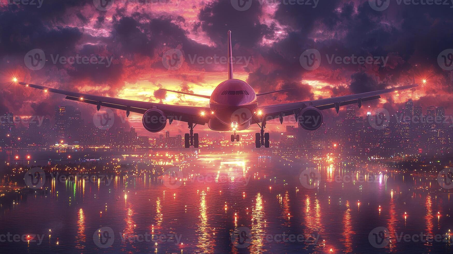 A large airplane flying over a city at night photo