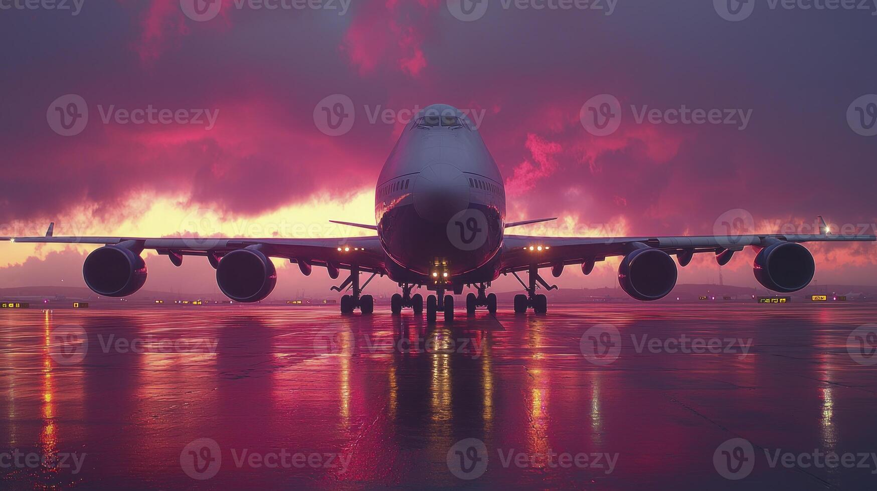 A large airplane sitting on a runway at sunset photo