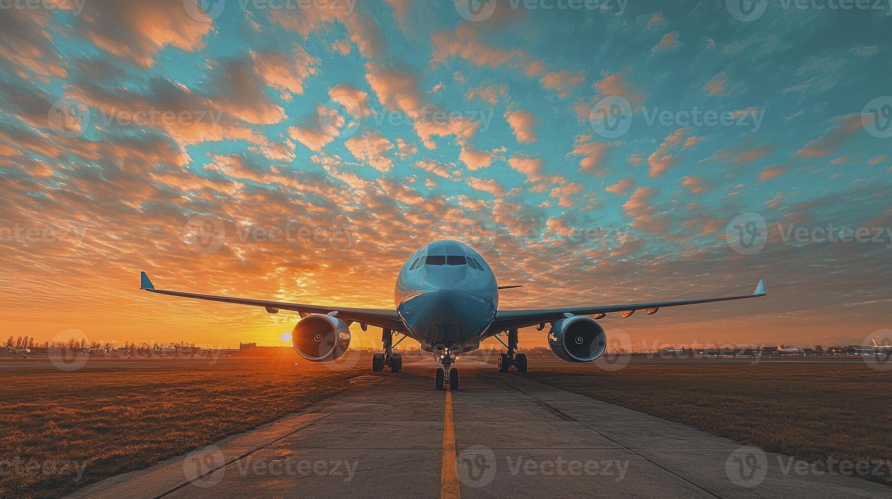 An airplane sitting on the runway at sunset photo