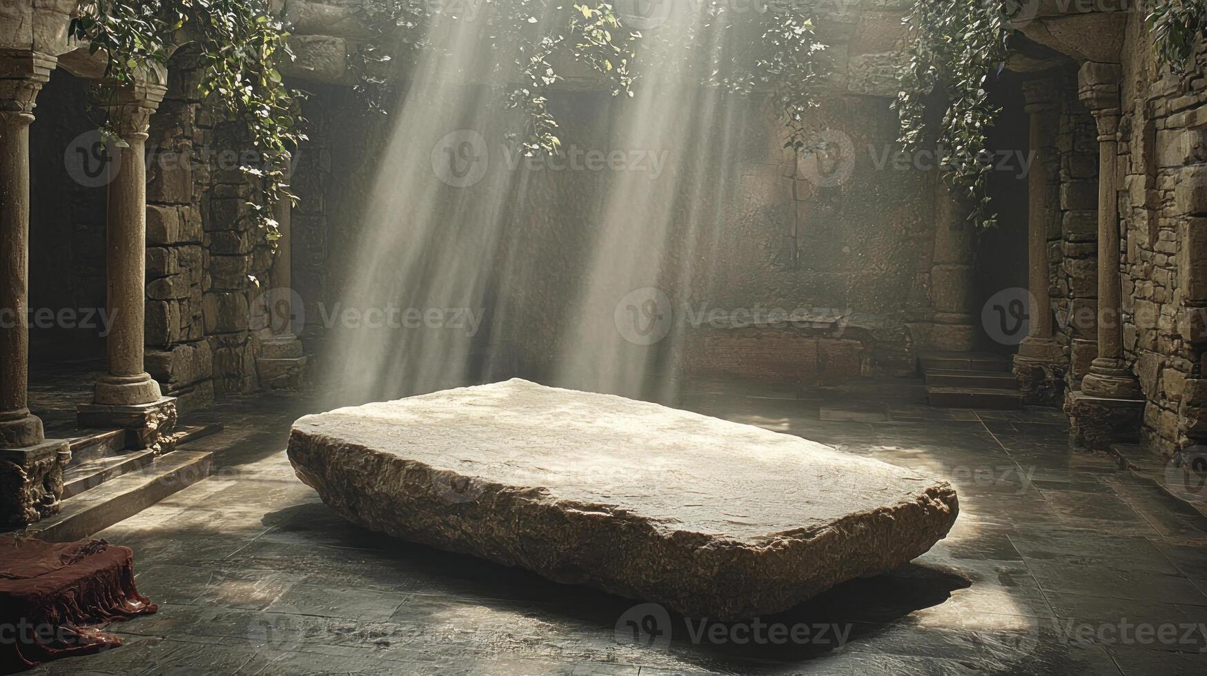 A stone slab with a bed in the middle photo