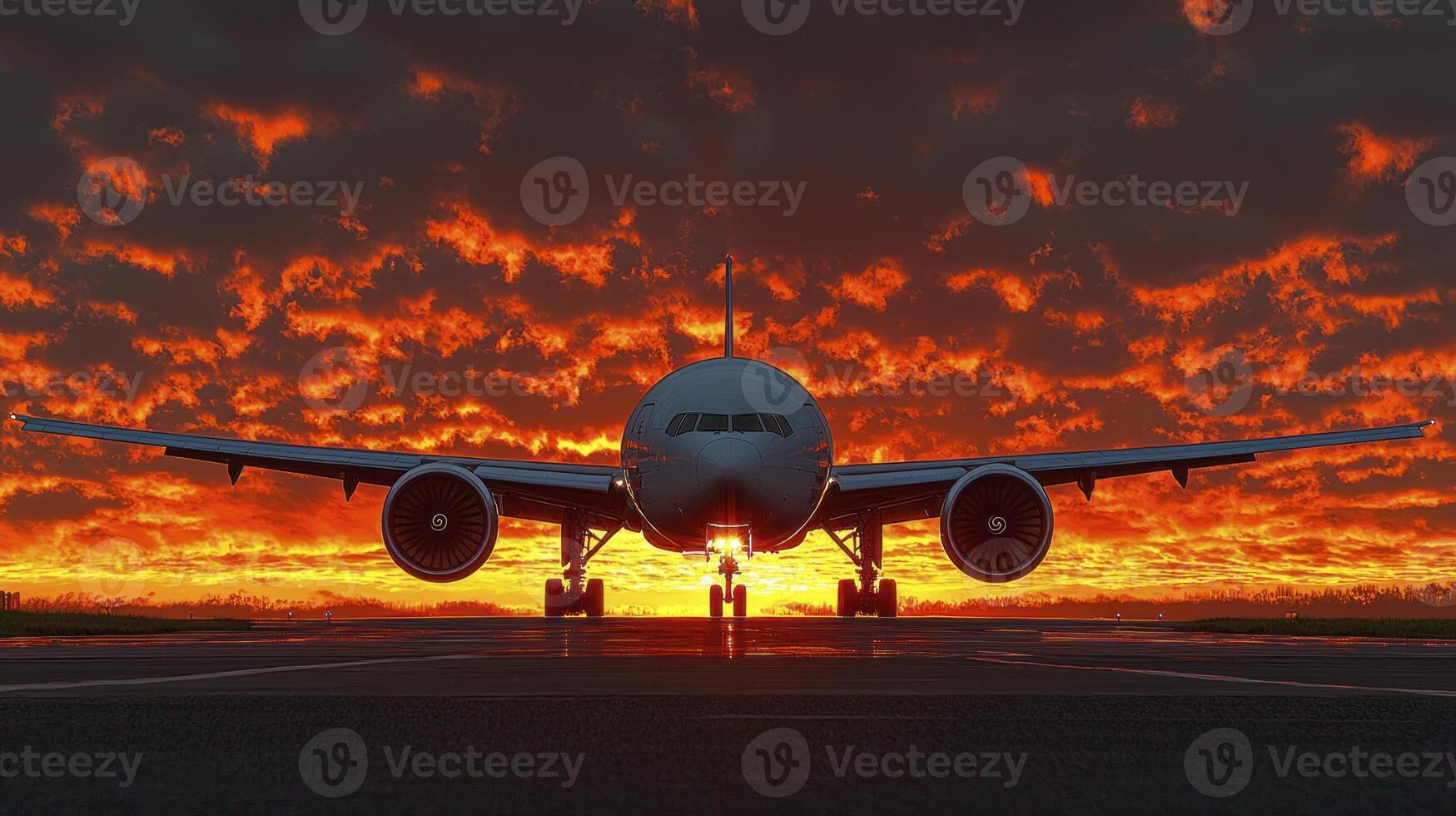 A large airplane is on the runway at sunset photo