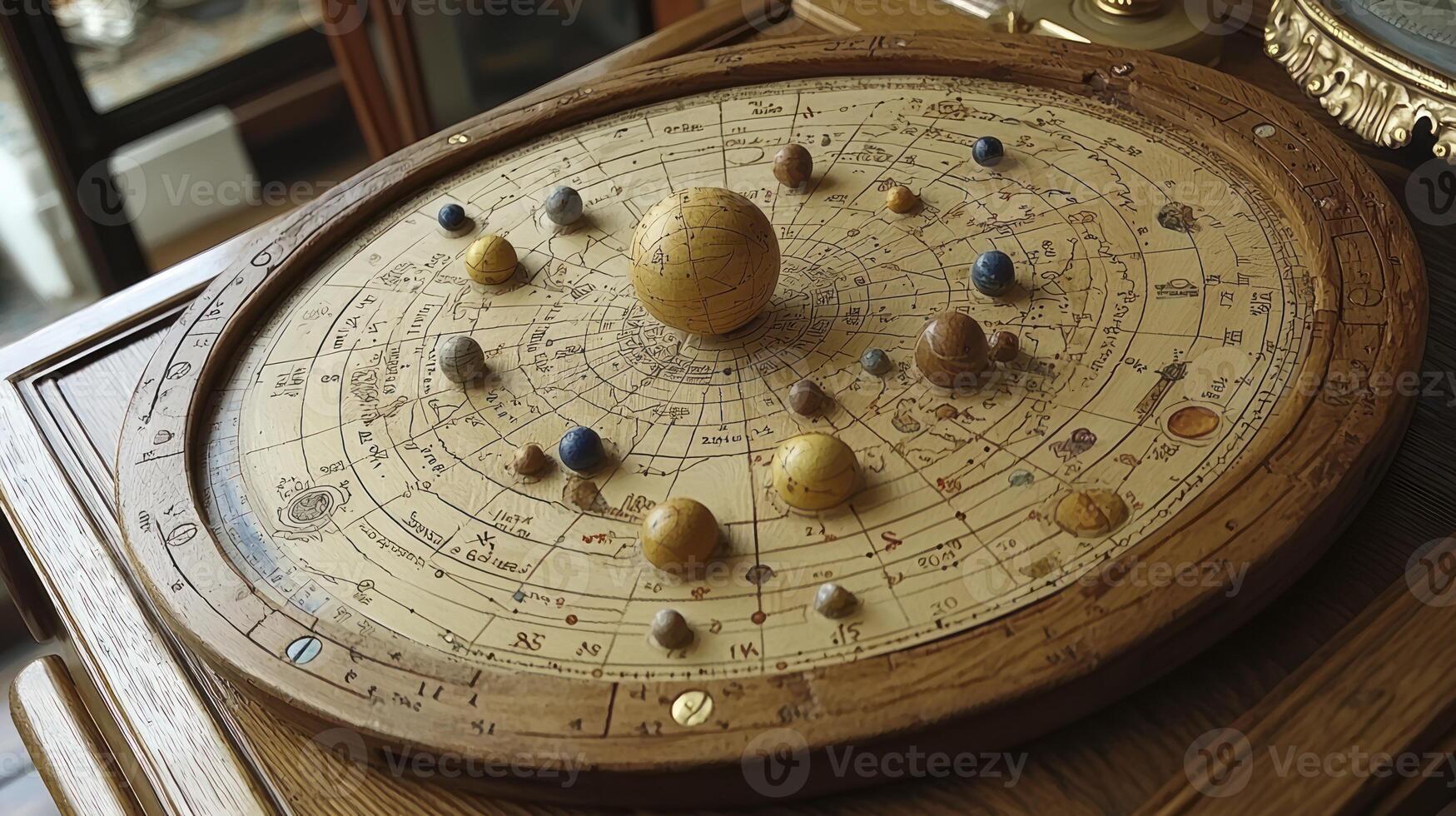 A wooden astrological board with a number of eggs photo