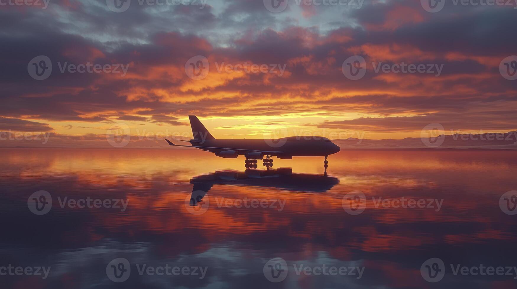 Airplane on the water at sunset photo