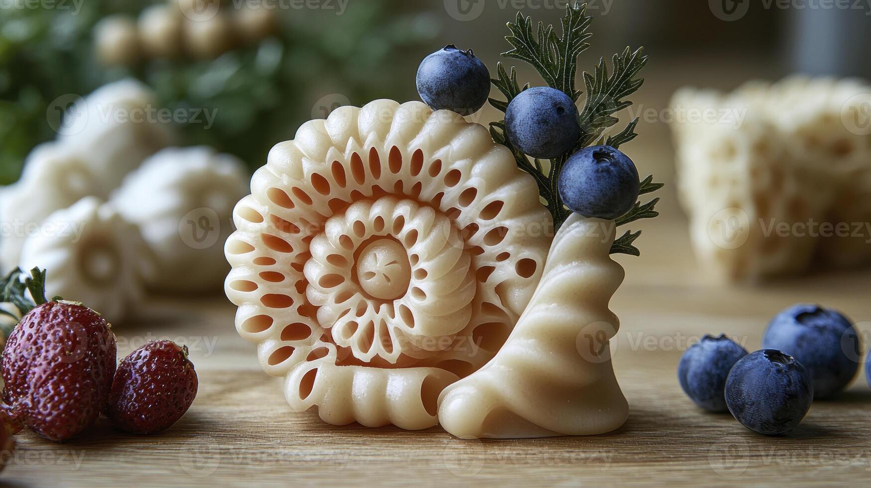 A bunch of berries and a snail shaped pasta photo
