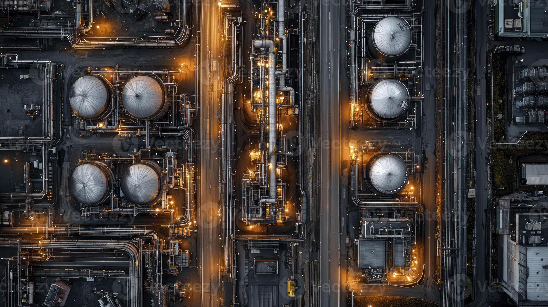 Aerial view of oil refinery at night photo