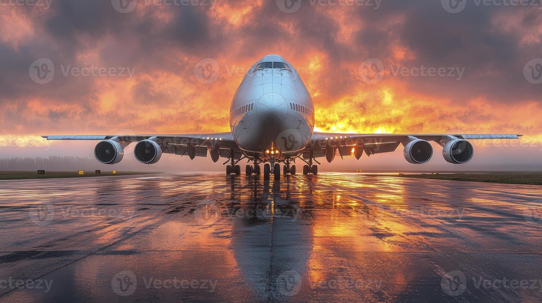 A large airplane on the runway at sunset photo