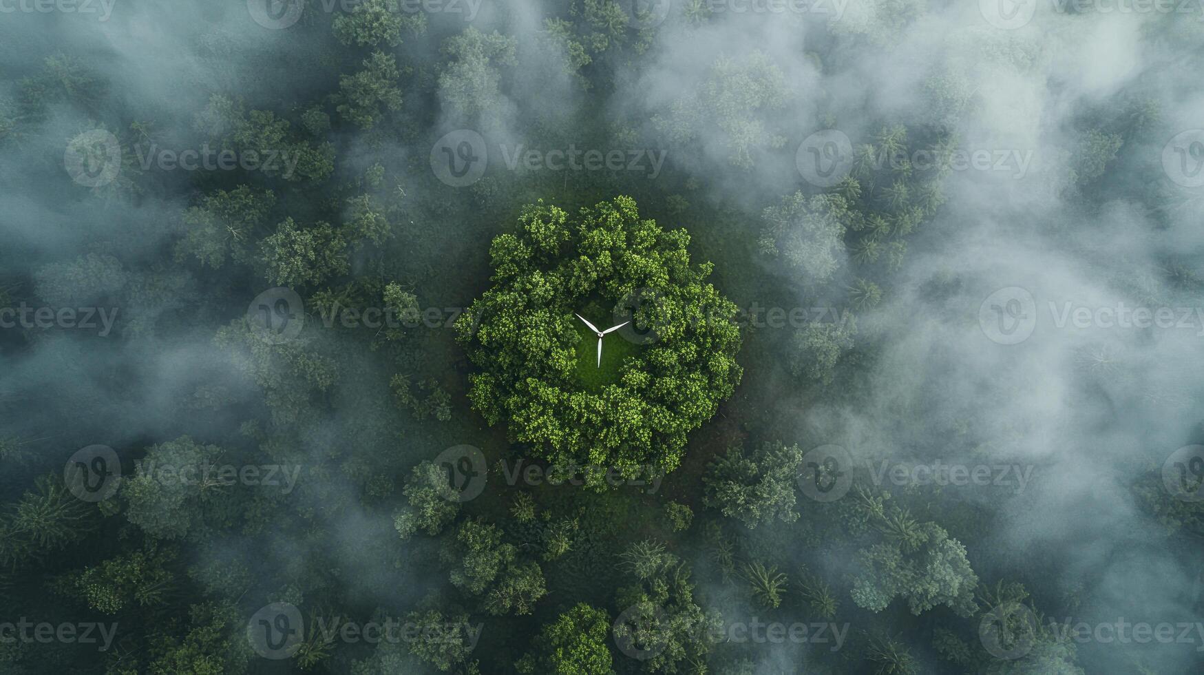 A clock is seen in the middle of a forest photo