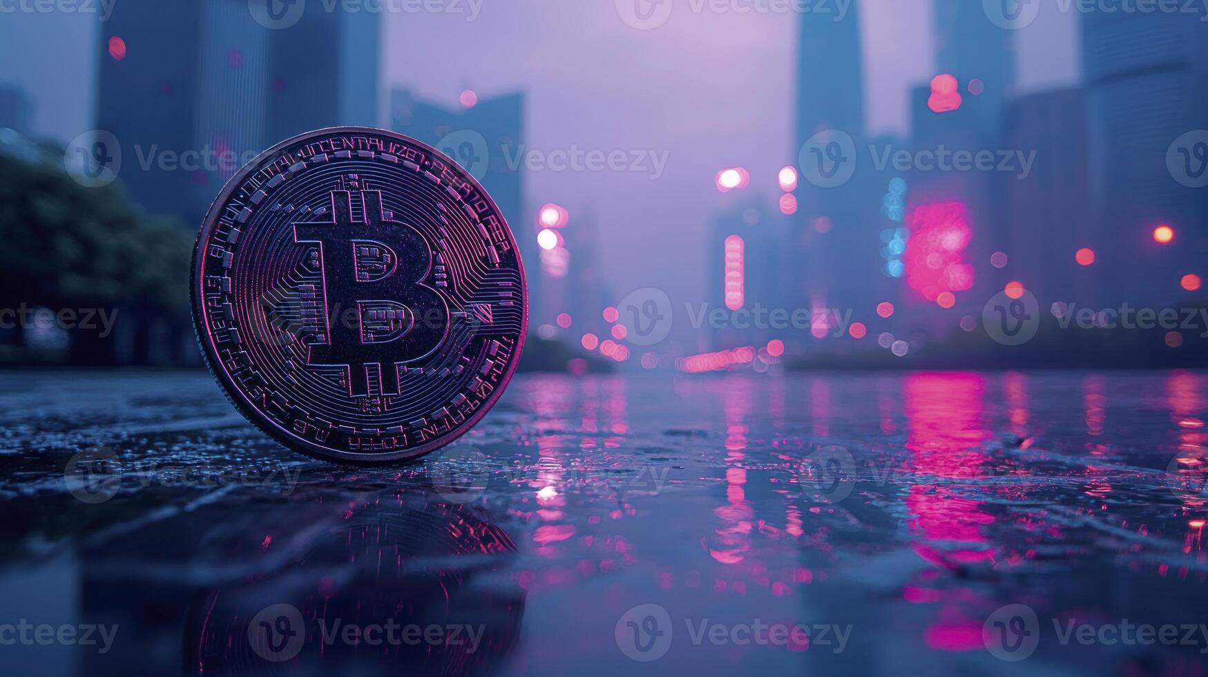 Bitcoin in the rain with city lights in the background photo
