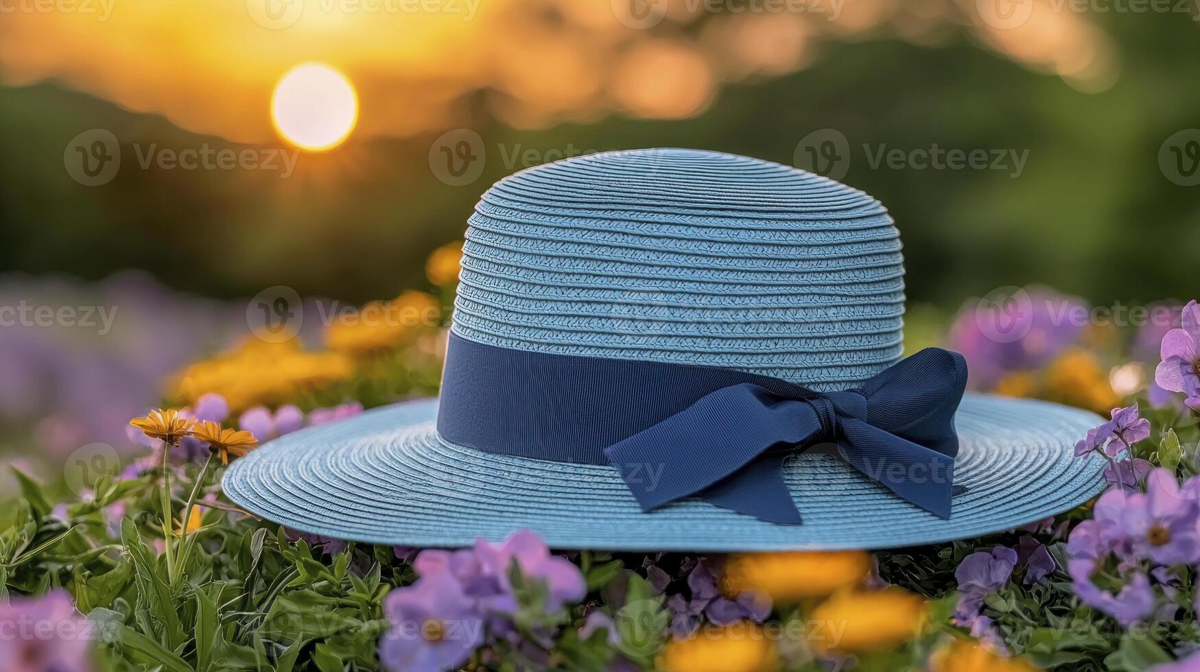 A blue hat with a bow sits in a field of flowers photo