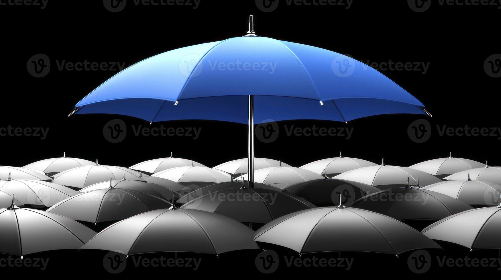 A blue umbrella is standing out from a group of white umbrellas photo