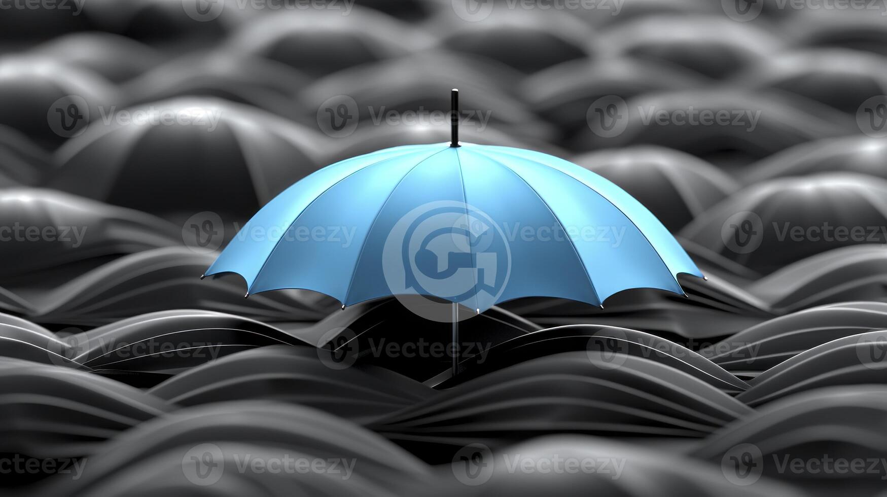 A blue umbrella in the middle of a crowd photo
