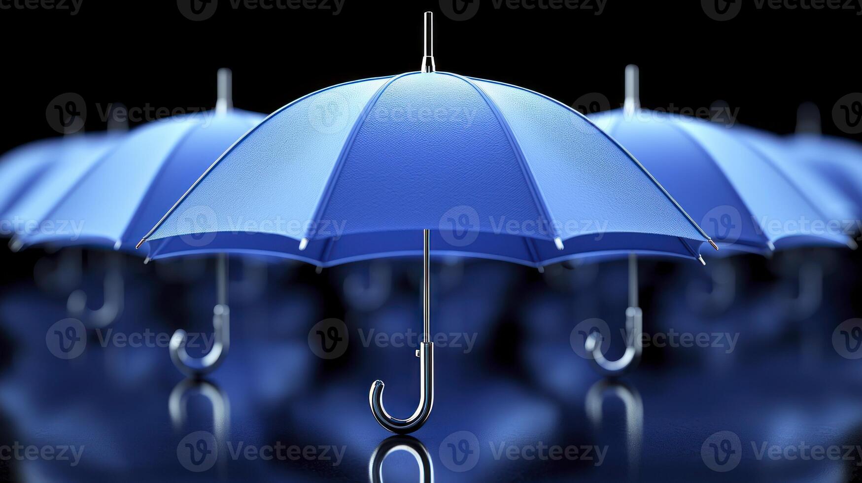 Many blue umbrellas are shown in a row photo