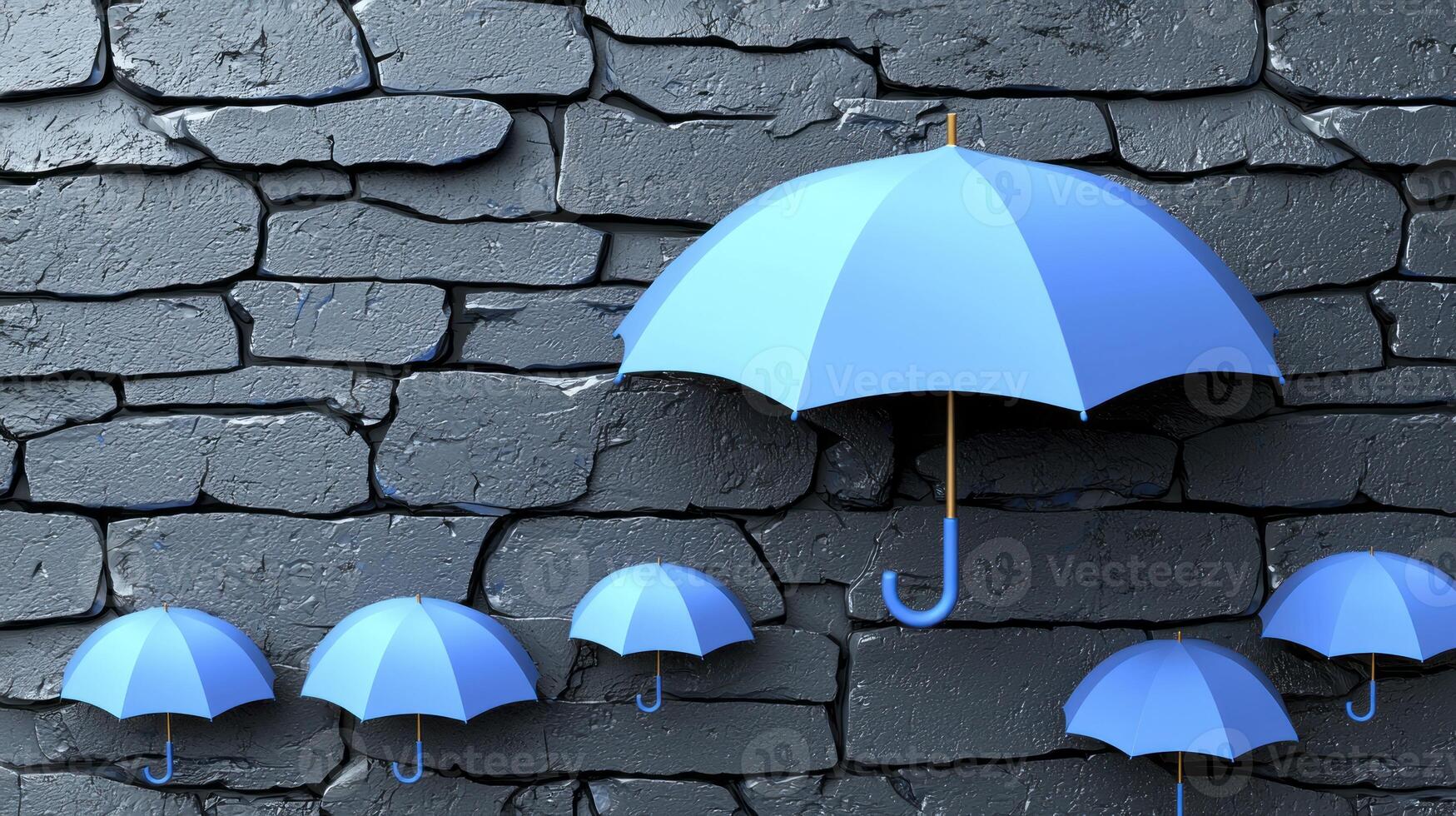 Blue umbrellas are standing in front of a brick wall photo