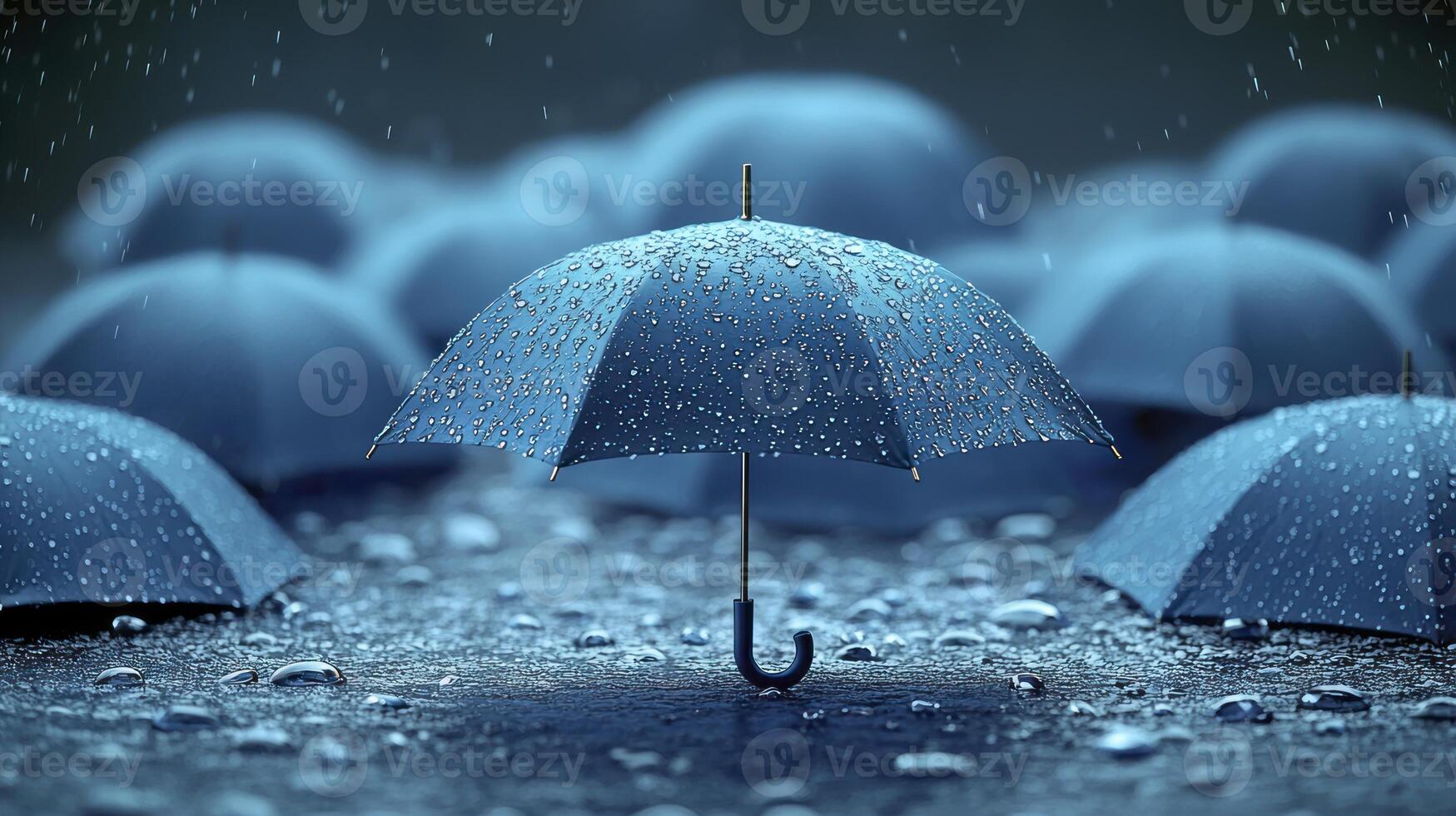 A blue umbrella is standing in the rain photo