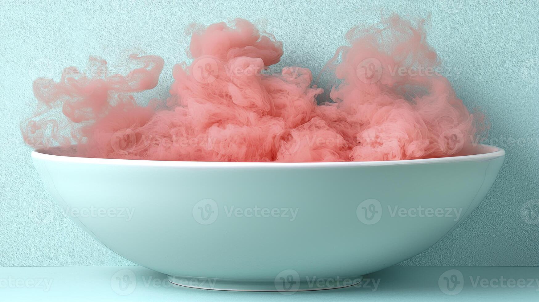 A bowl of pink smoke in front of a blue wall photo