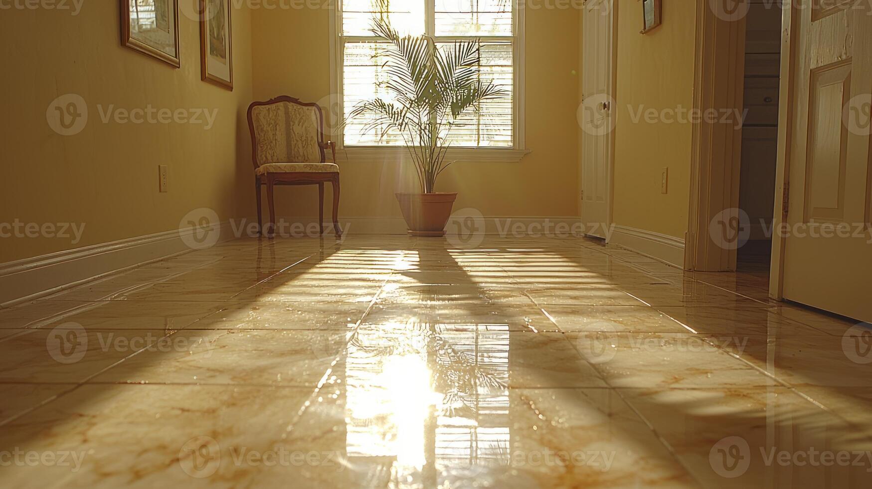 A hallway with a chair and a plant in it photo