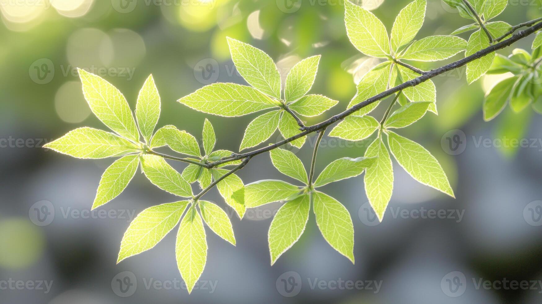 A green leaf on a branch with sunlight shining through photo