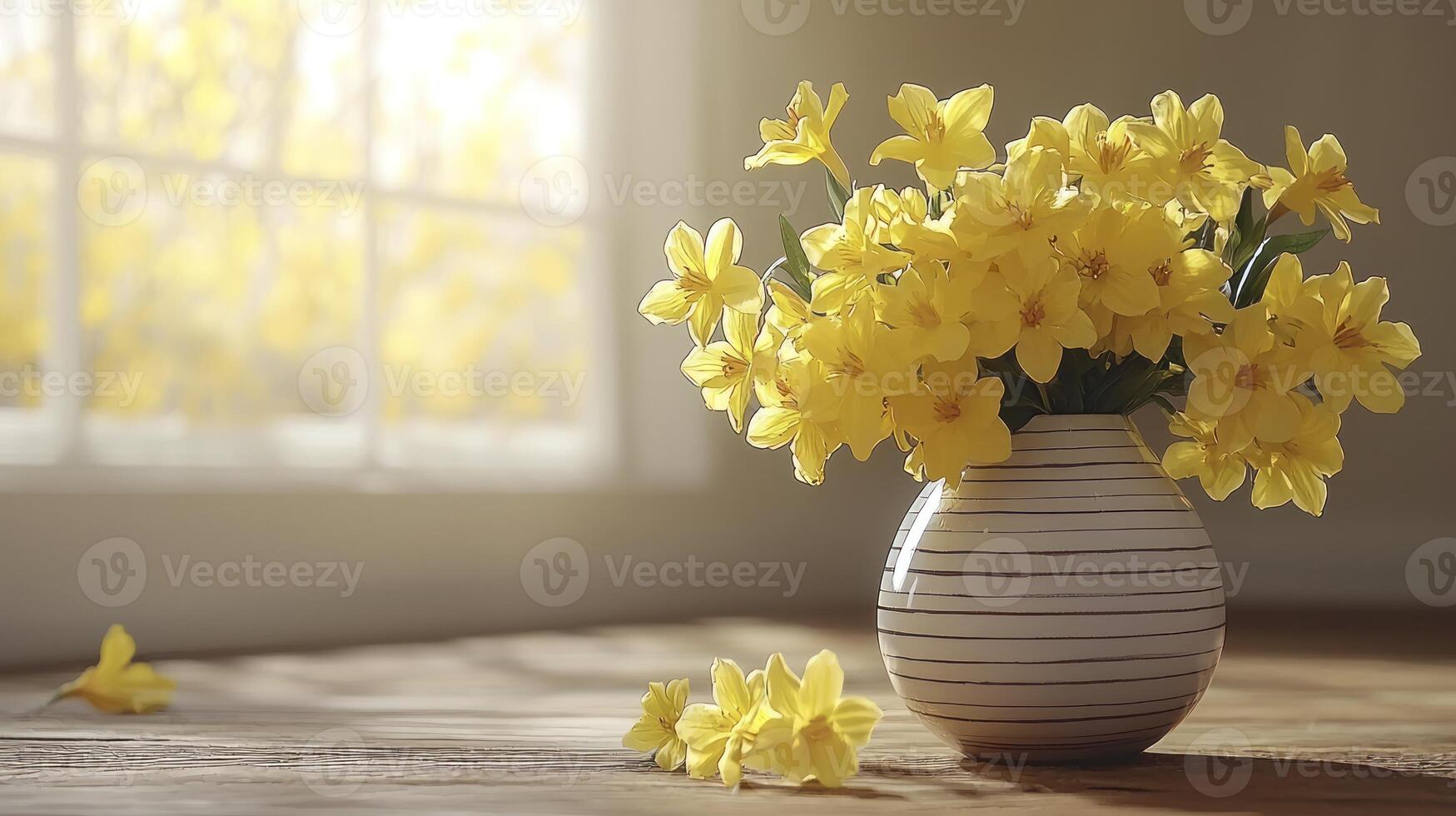 Yellow daffodils in a vase on a wooden floor photo
