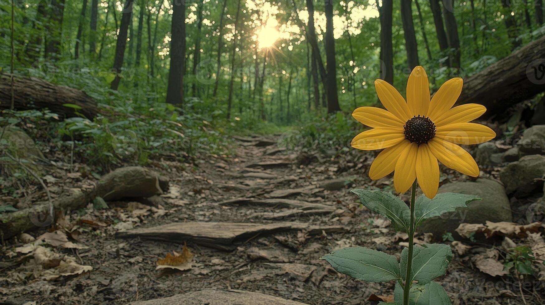 A single yellow flower stands out in the middle of a forest photo