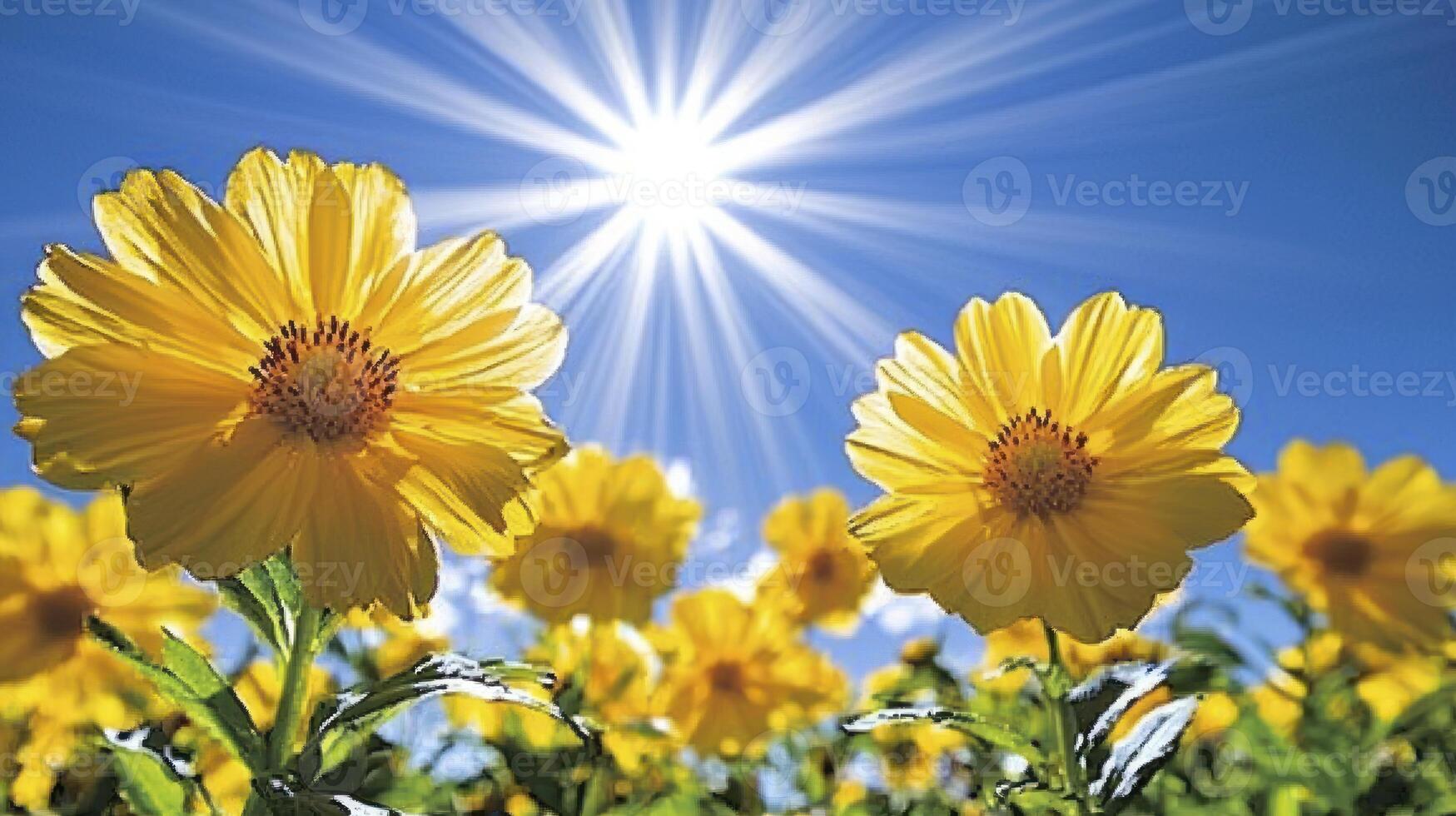 Sun shining over yellow flowers photo