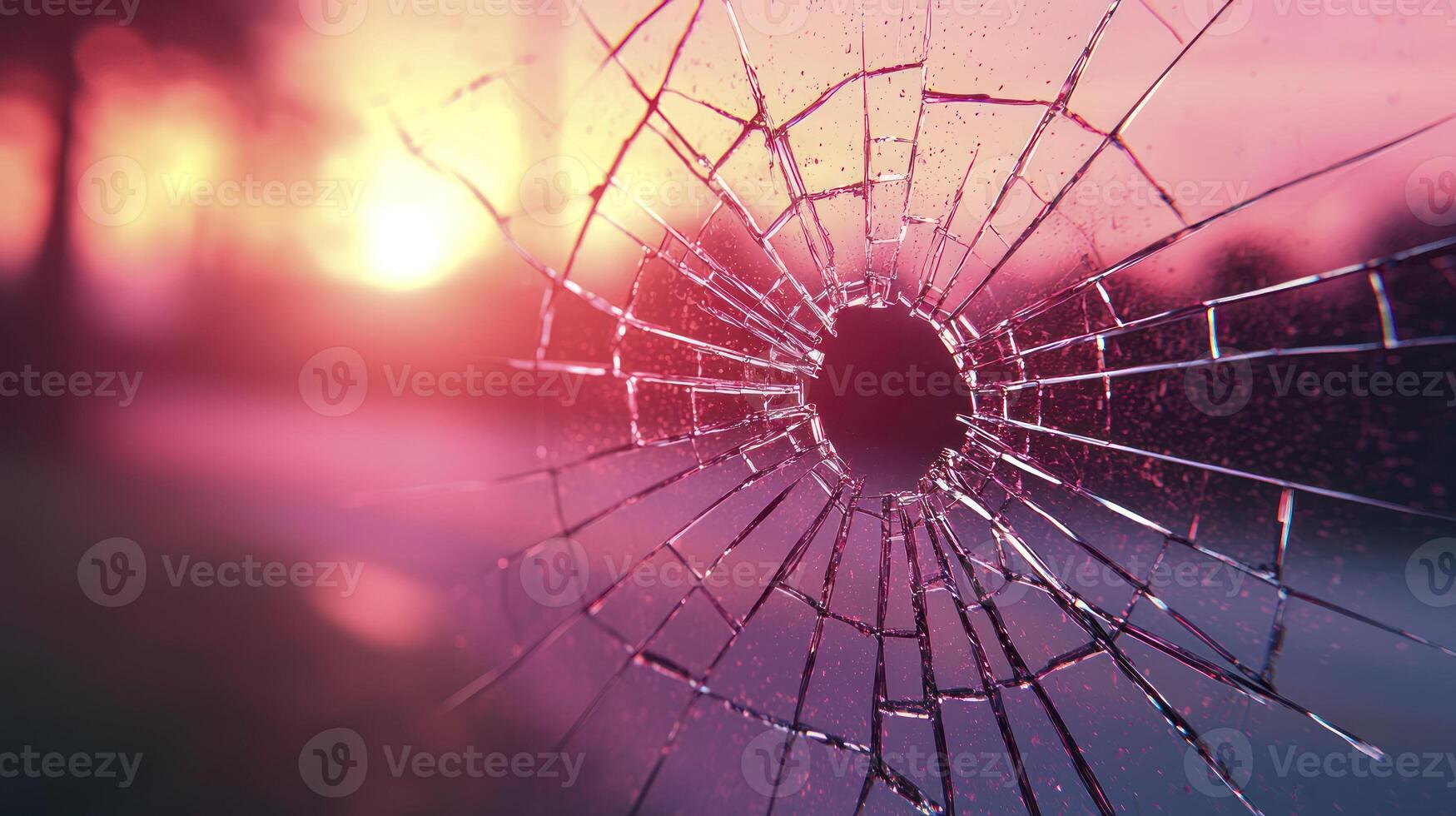 A broken glass window with the sun setting in the background photo