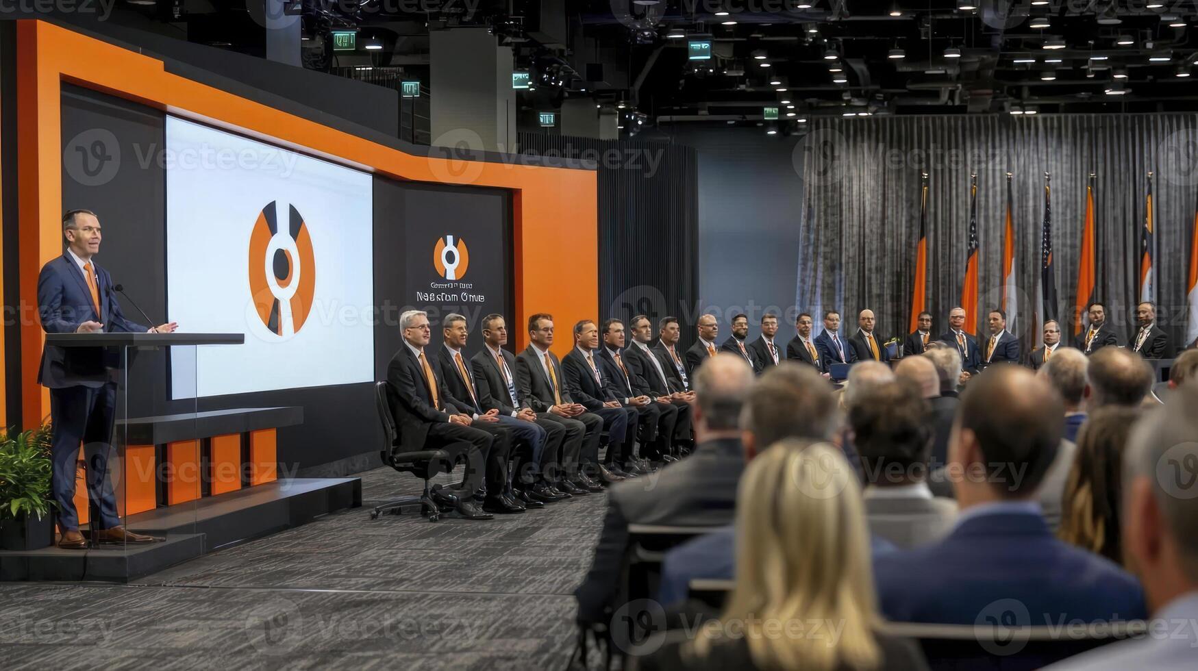 A group of people sitting in front of a large screen photo