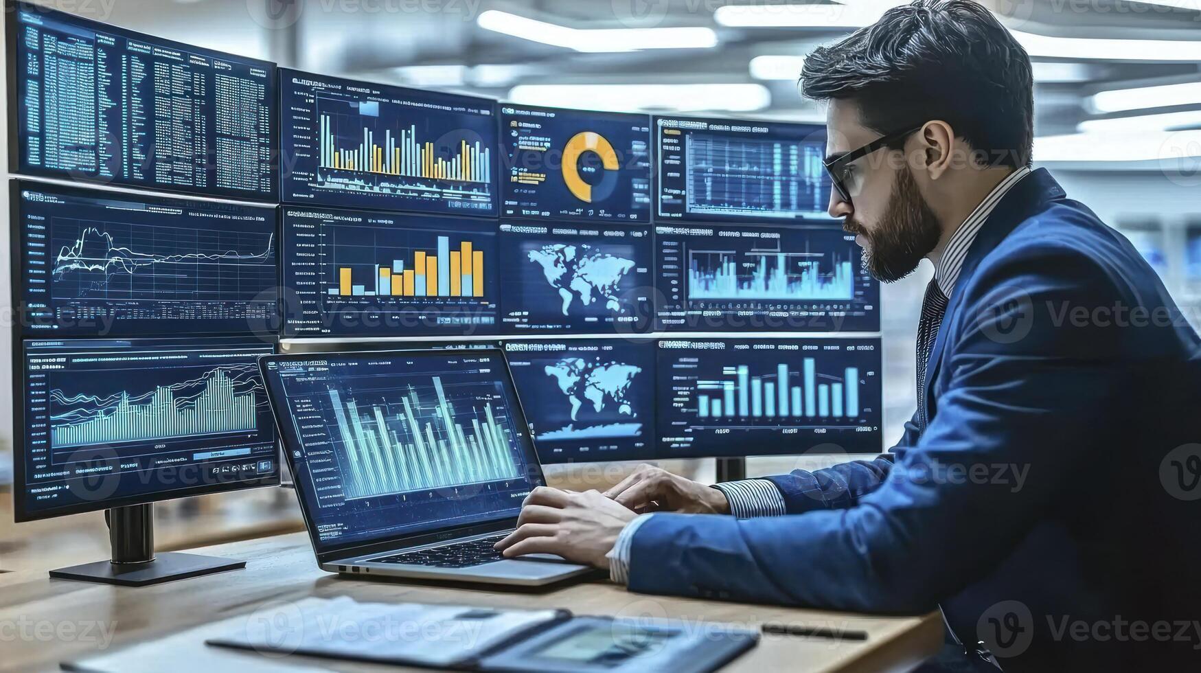 A man in a suit is working on his computer photo
