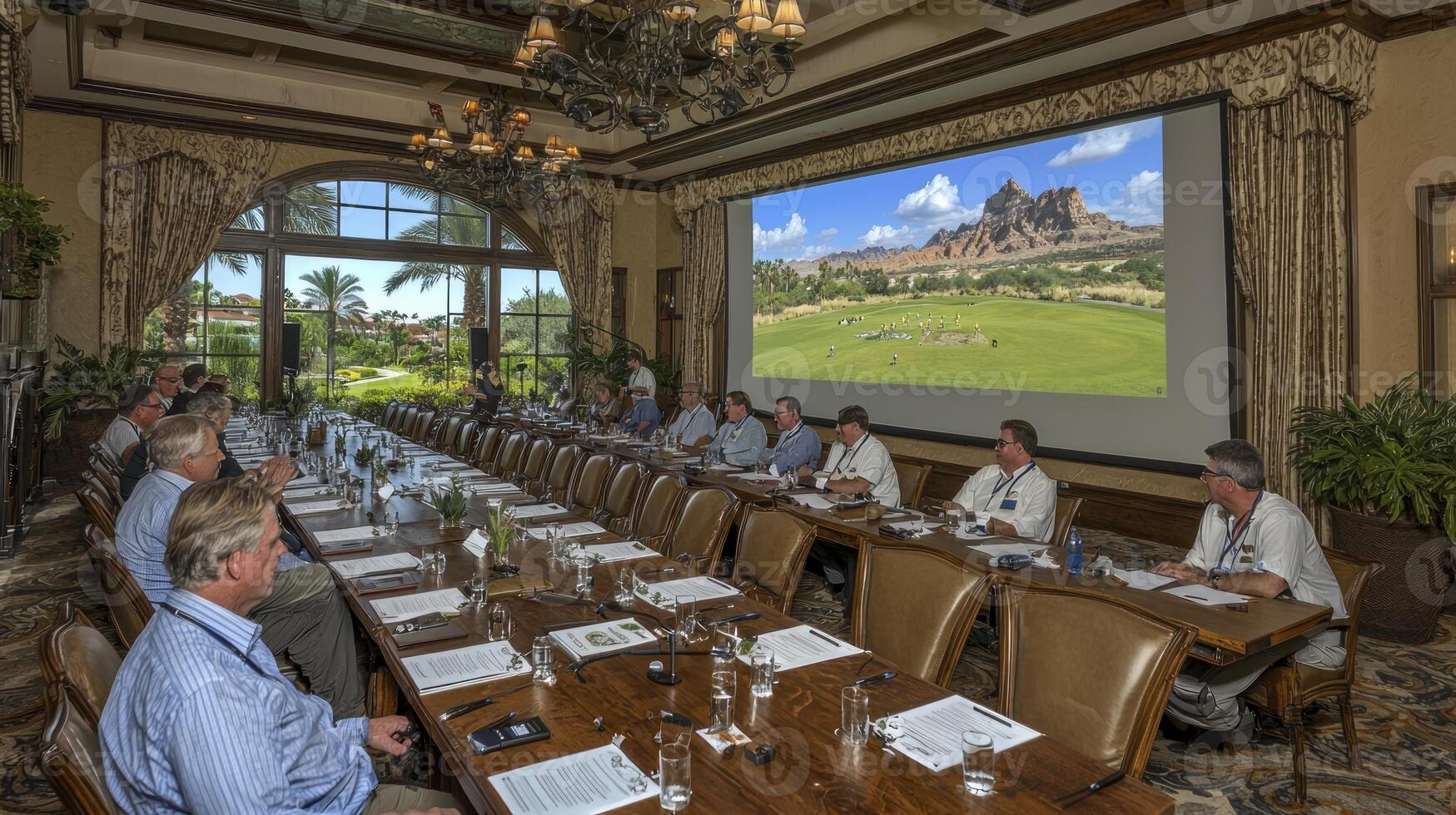 A group of people sitting at a long table in a room with a large screen photo