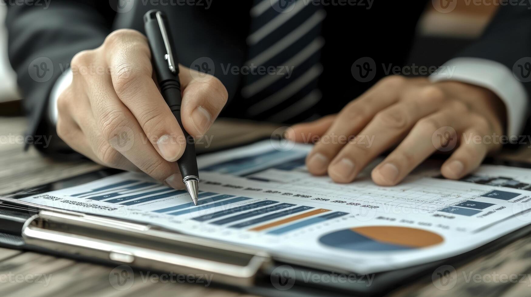 A man in a suit is writing on a clipboard with a pen photo