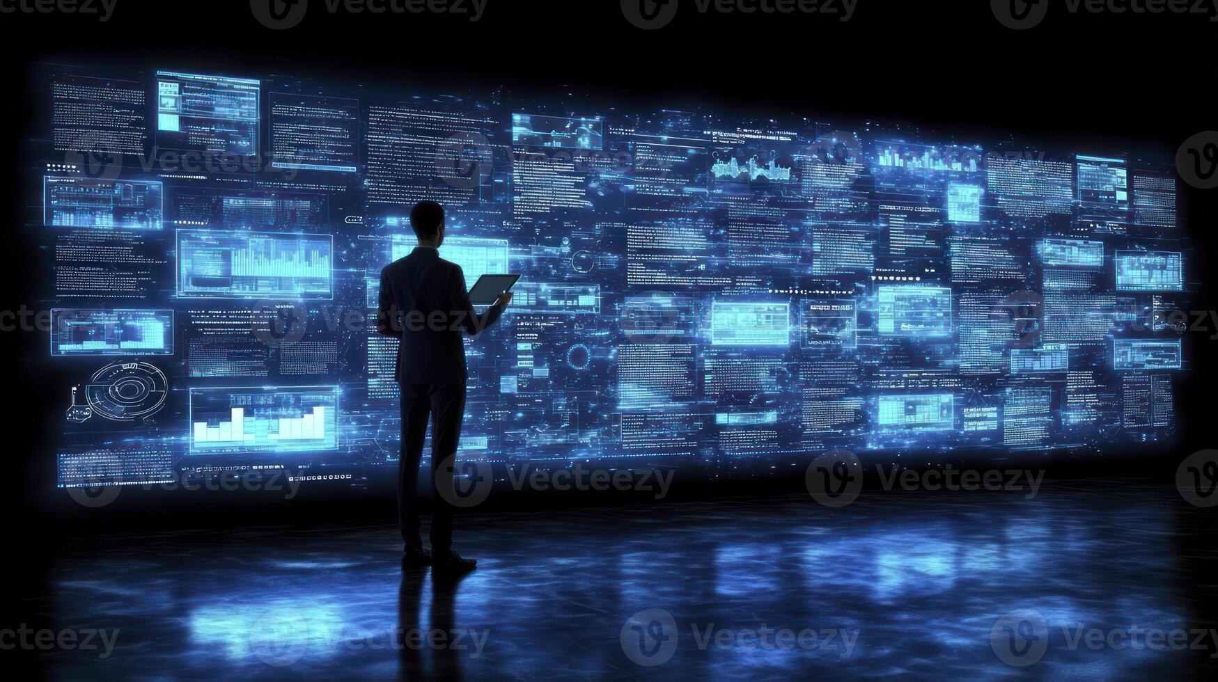 A man standing in front of a large screen with many digital images photo
