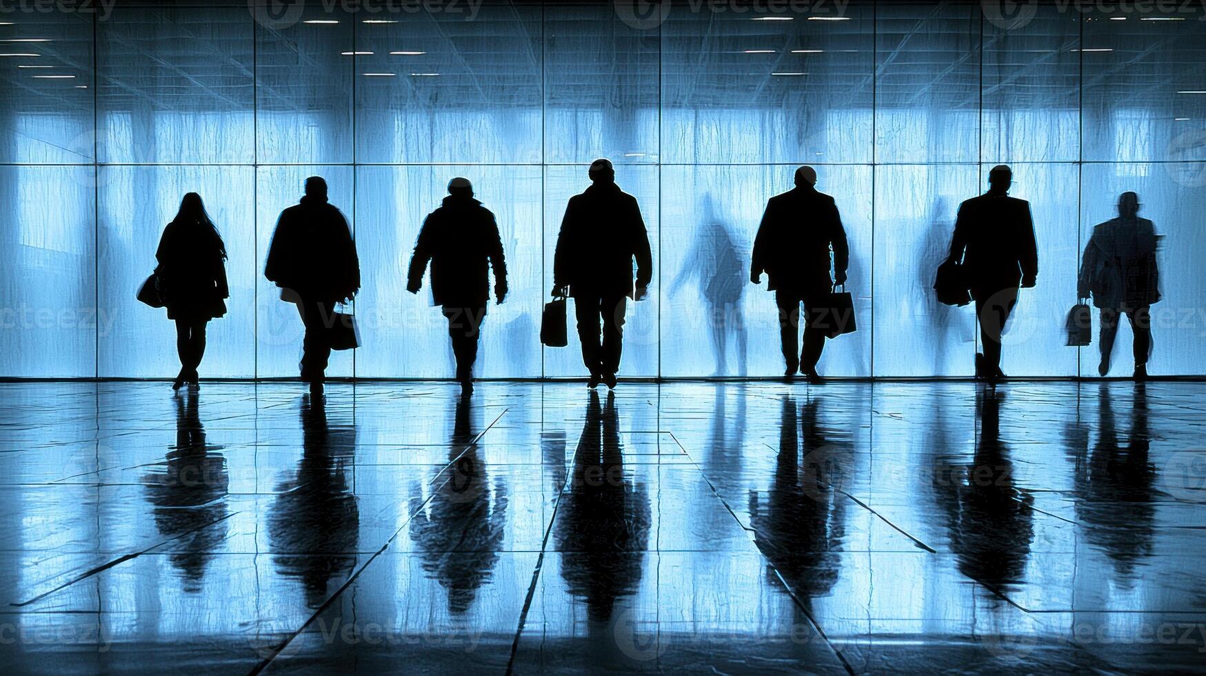 Silhouettes of people walking in front of a glass wall photo