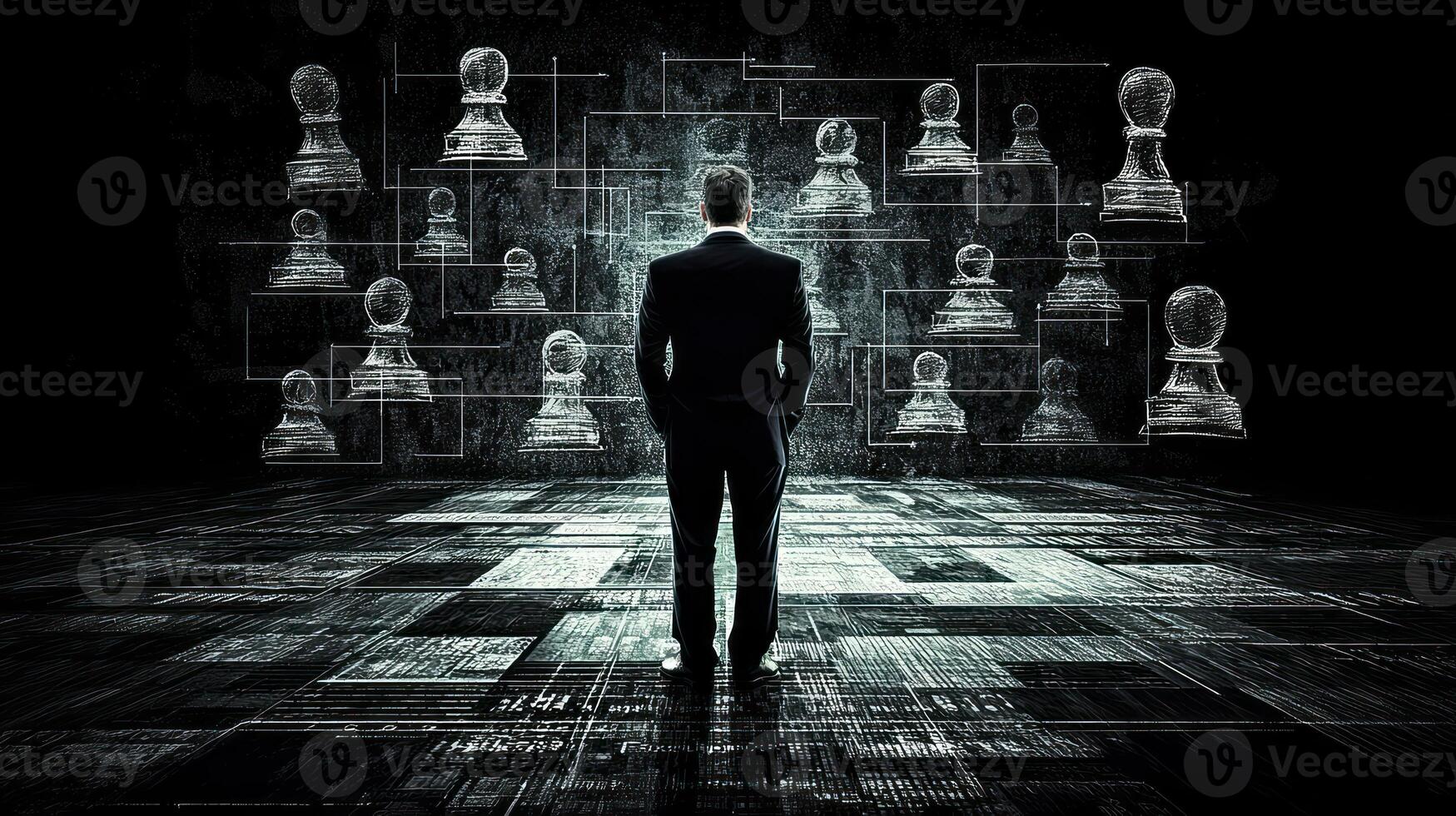 A man in a suit standing in front of a chess board photo